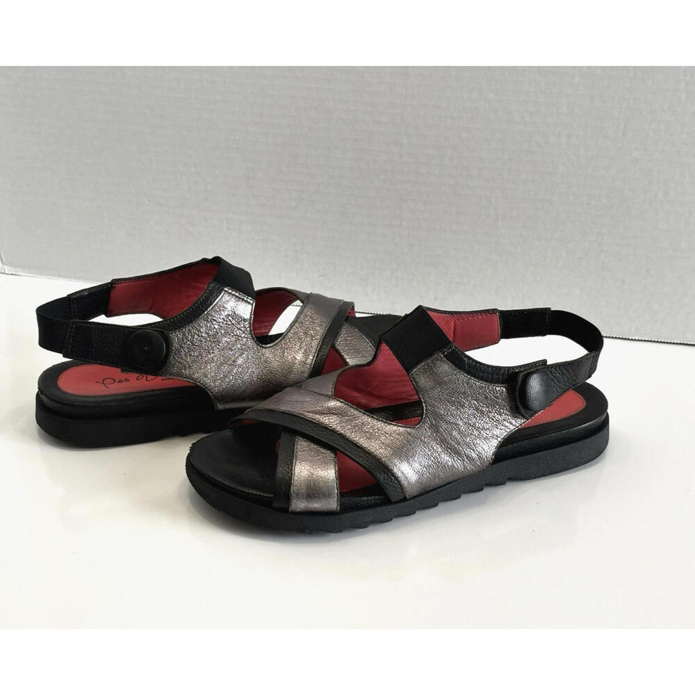 Pas De Rouge Vella Womens 7.5 Black/Metallic Leather Comfy Sandals Stretch Italy